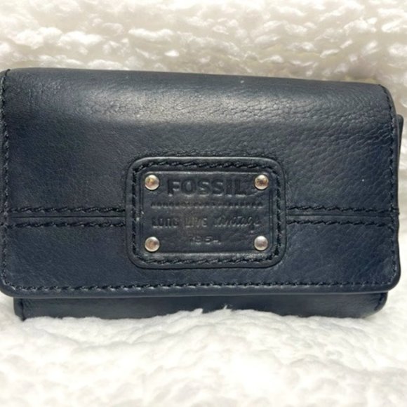 VTG FOSSIL Soft Black Cowhide Leather Trifold Stitched Wallet